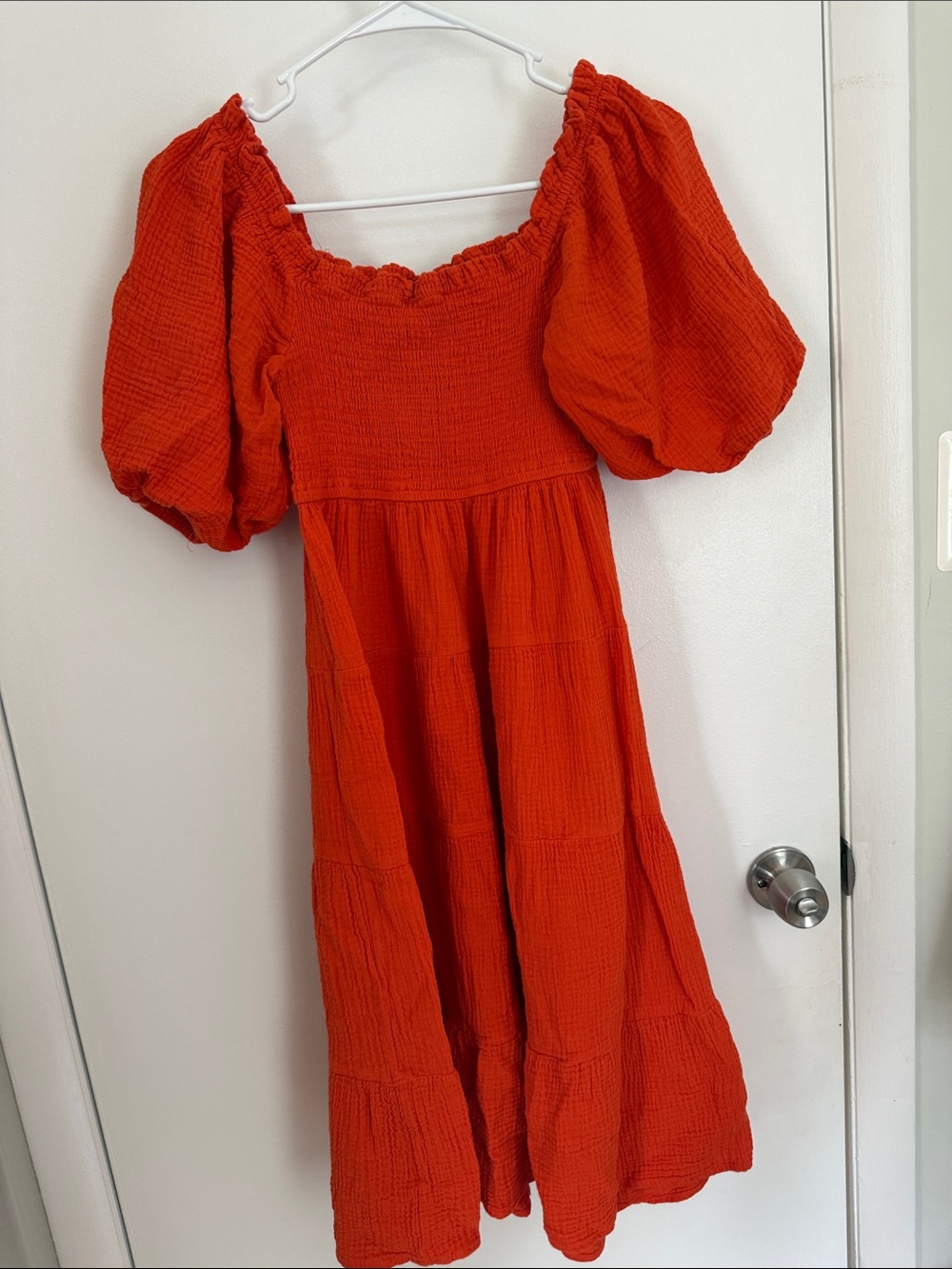 Puff Sleeve Gauze Midi Dress - Bright Red